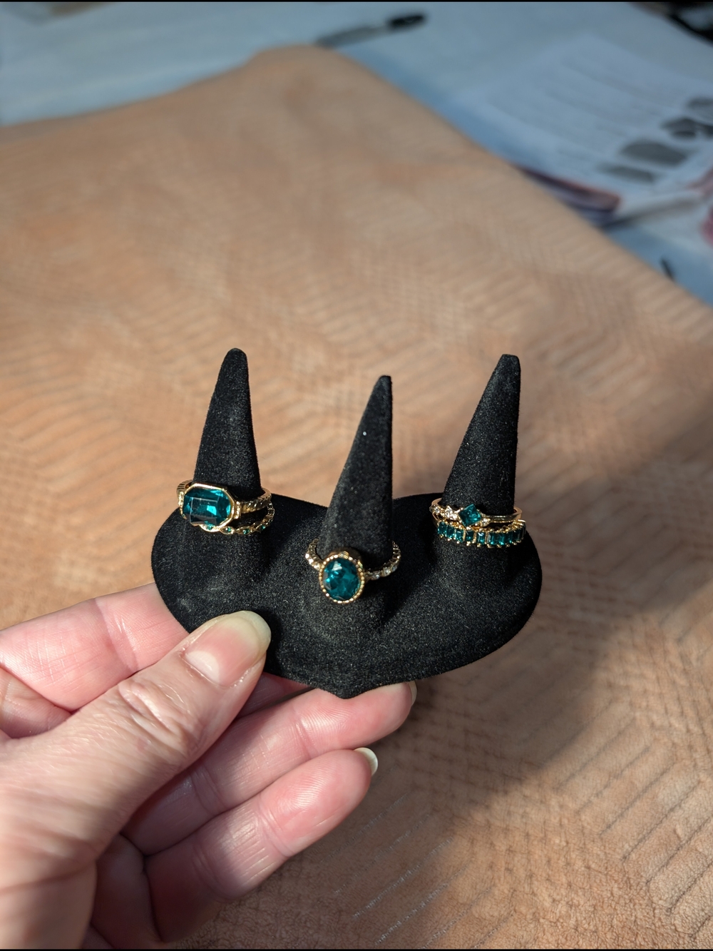 Gold 5 Ring Set with Emerald Green Gemstones